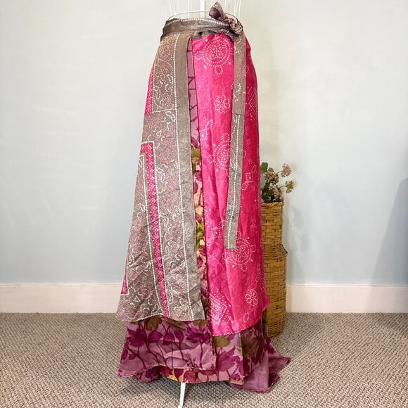 Stunning boho vintage flowy pink wrap silk magic peasant maxi skirt - Picture 3 of 6